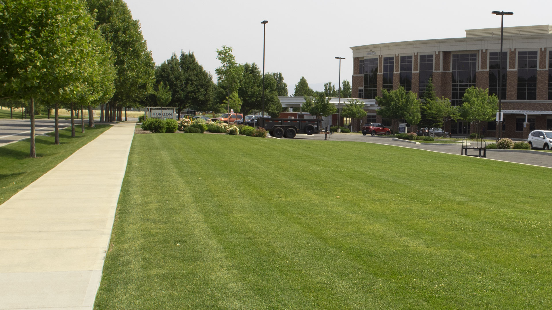 A healthy commercial lawn in Spokane, WA using our fertilization and weed control services.