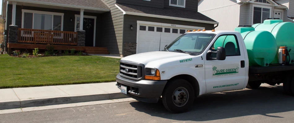 Close up of a fertilization treatment applied on a lawn in South Hill, WA.